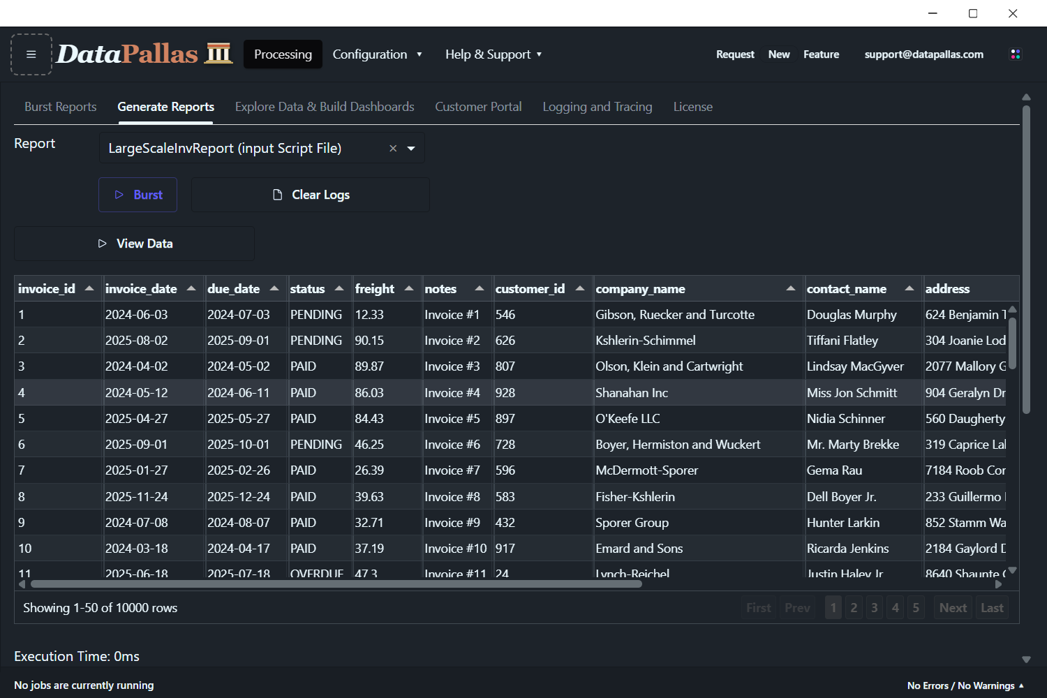 DataPallas — Generate Reports view — data grid with 10,000 seeded invoice rows, the LargeScaleInvReport picker, View Data and Burst buttons, showing 1-50 of 10000 rows
