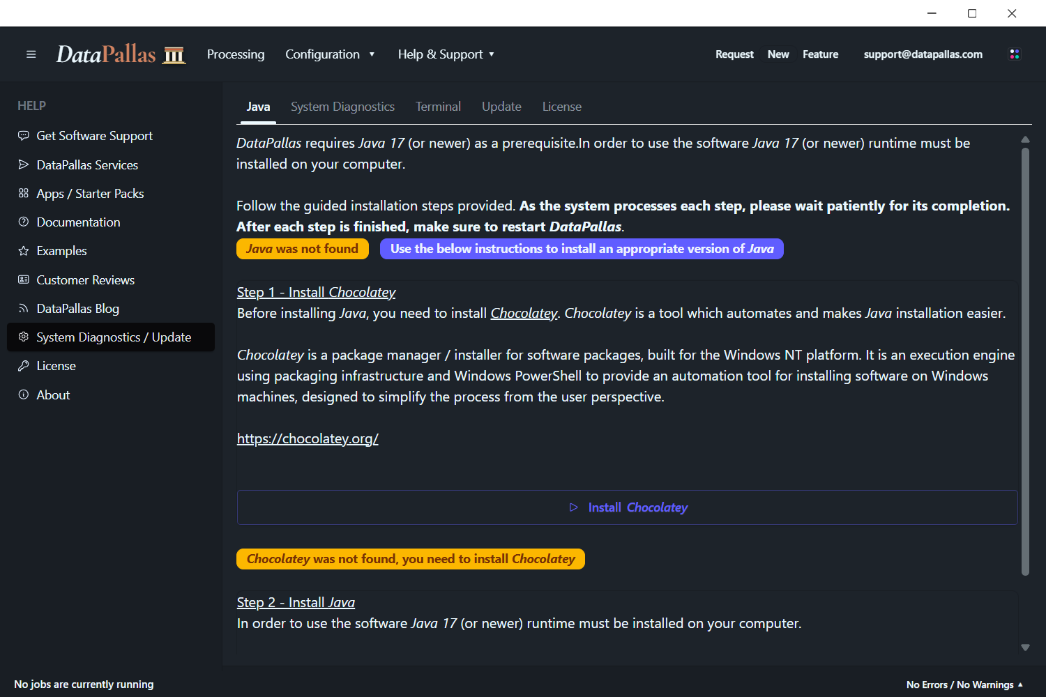DataPallas prompting to install the Chocolatey package manager, which is required before Java can be installed.