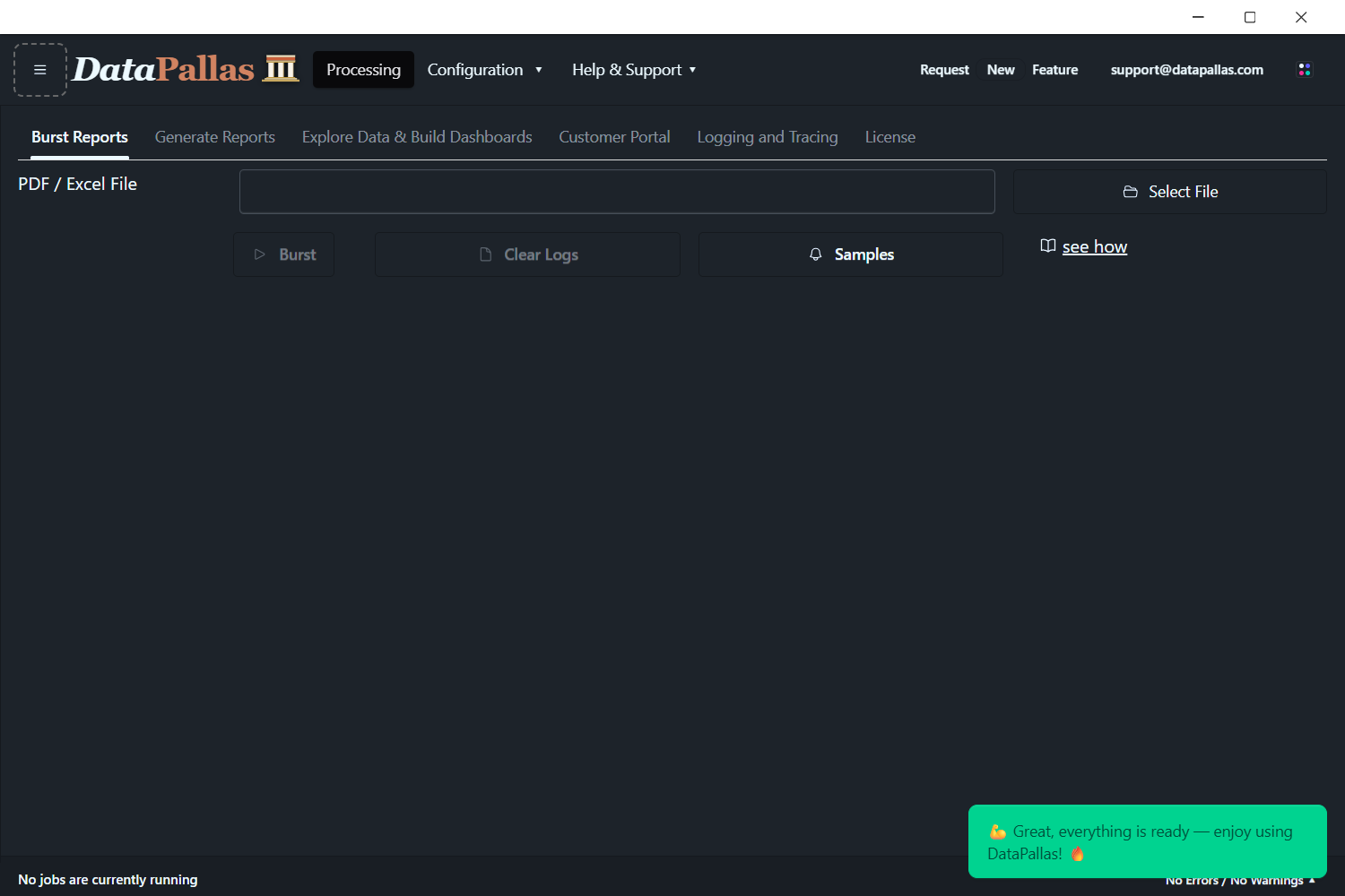 DataPallas Burst Reports screen on launch, before any file is selected.