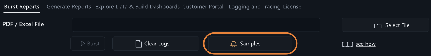 The Samples button on the Burst Reports toolbar, which opens the Samples gallery.