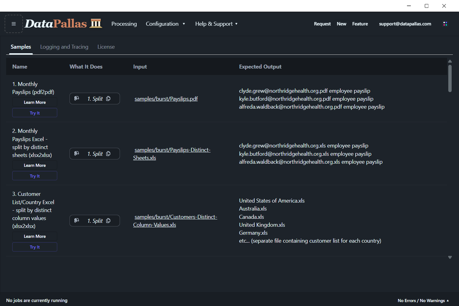 The DataPallas Samples gallery, listing ready-to-run automation examples to try.