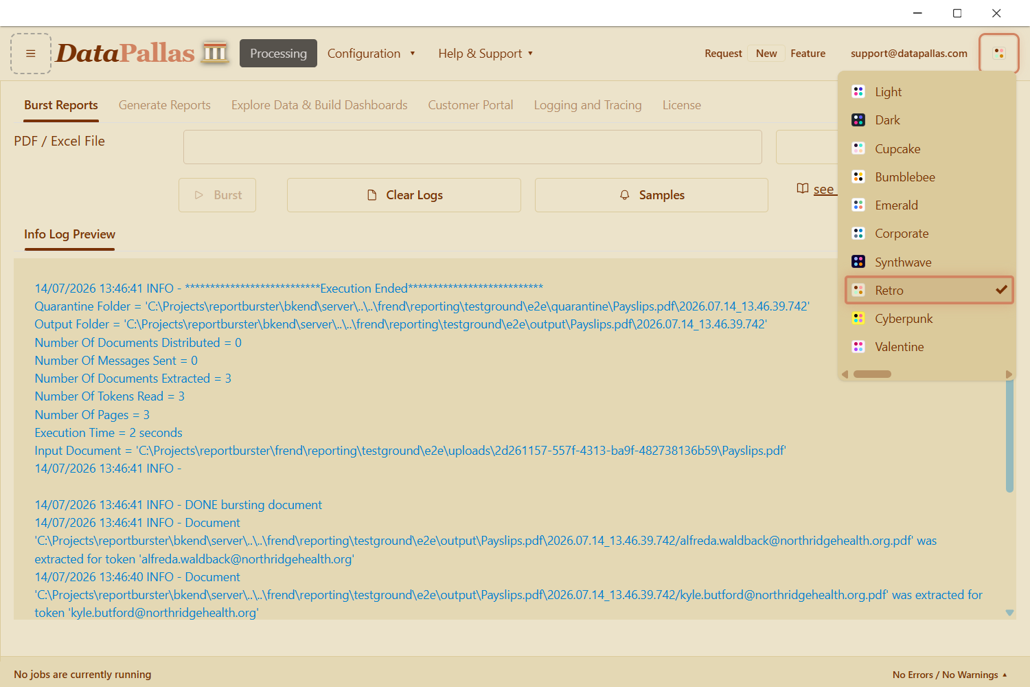 Switching the DataPallas color scheme to the Retro theme from the top-right theme picker.
