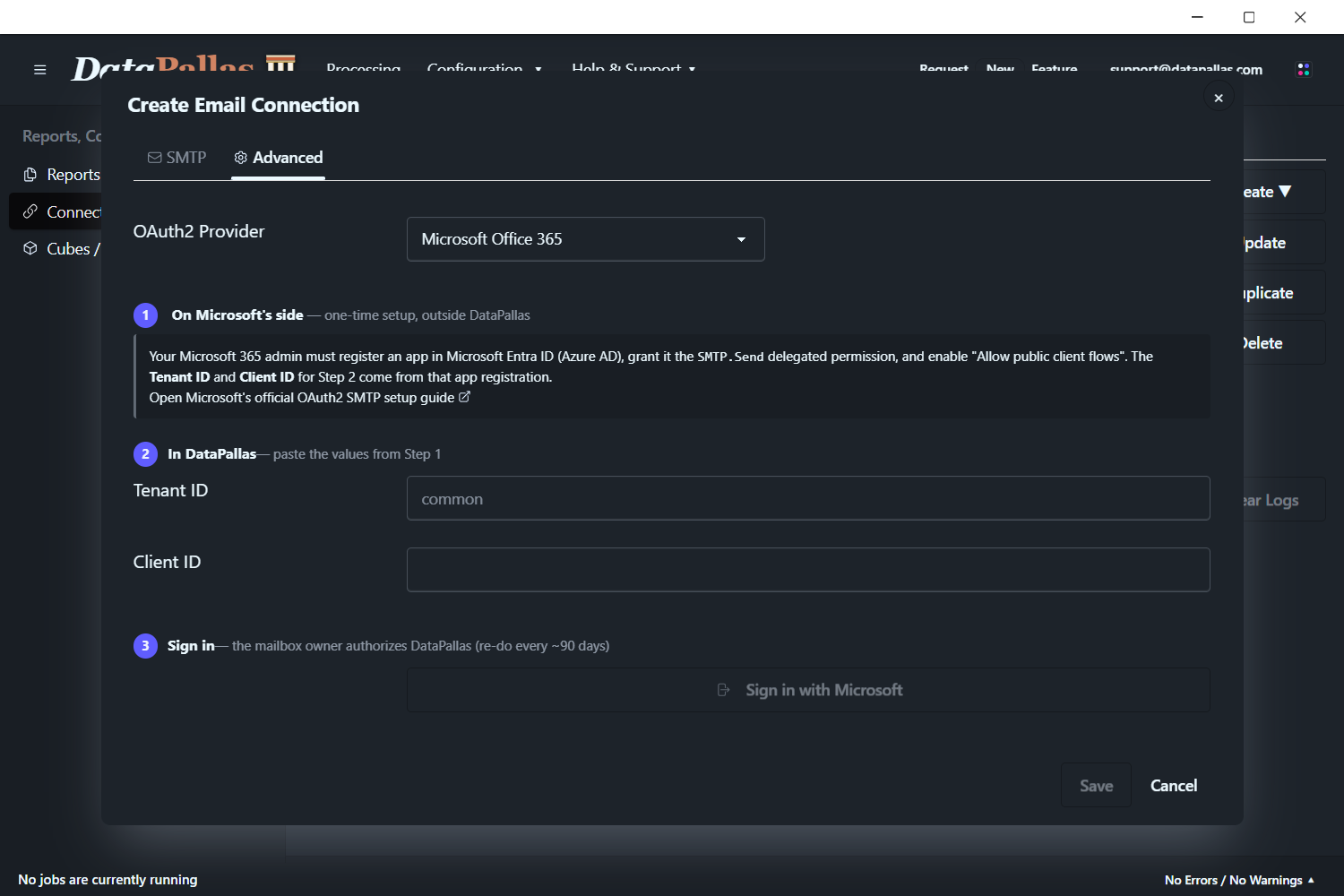 OAuth2 configuration tab on a DataPallas email connection