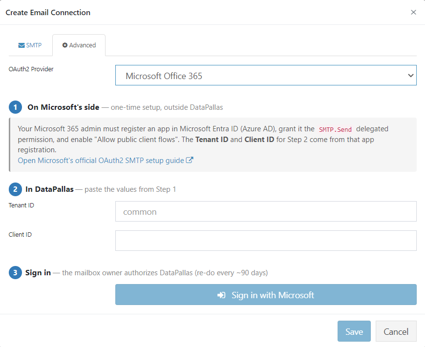 OAuth2 configuration tab on a DataPallas email connection