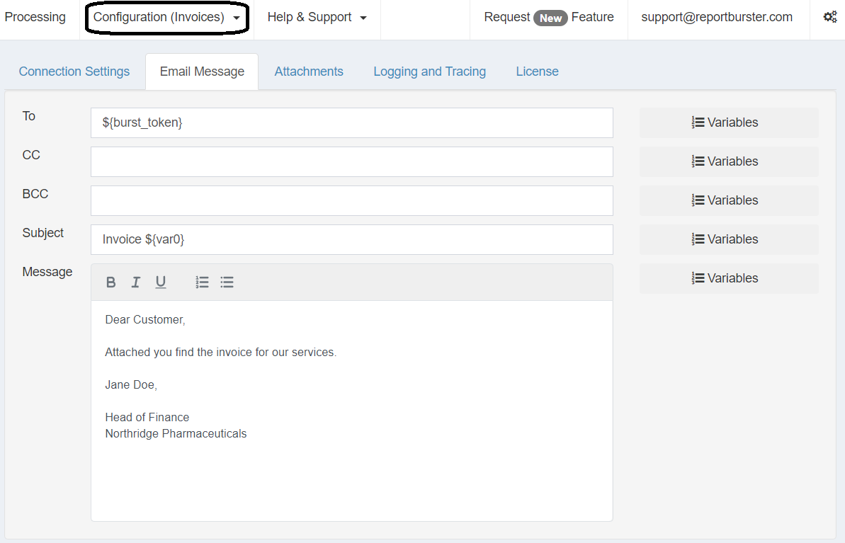 Report Bursting - Invoices Email Message