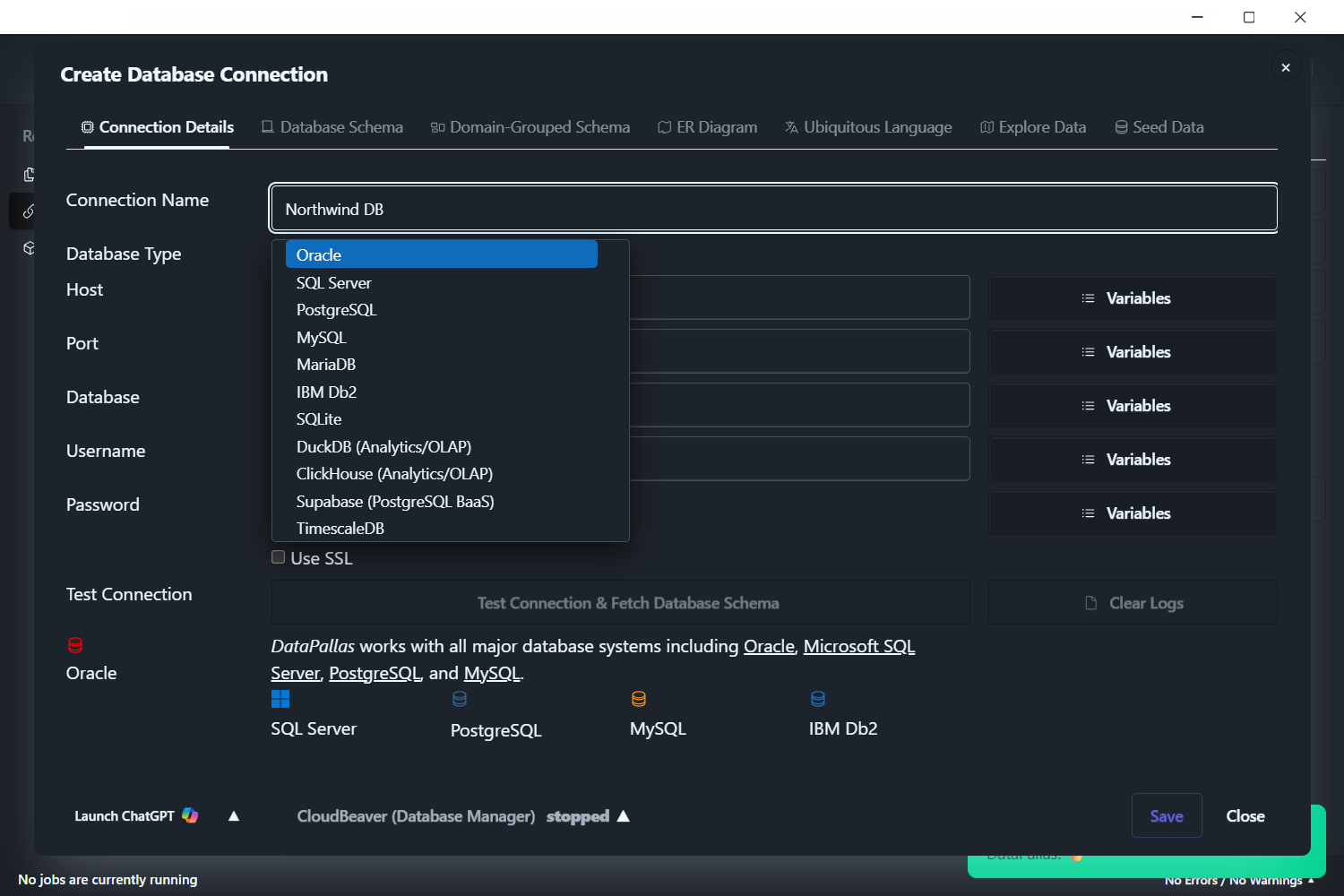 Create a new database connection in DataPallas