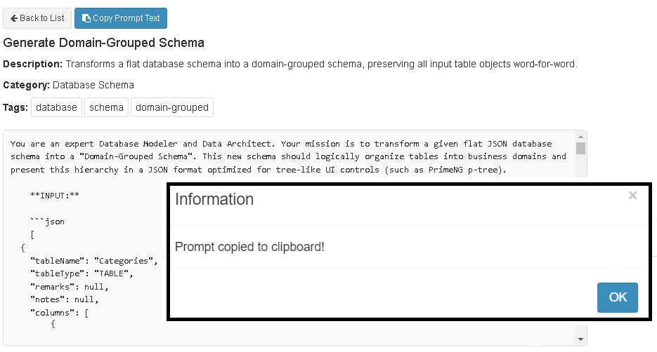 AI prompt for generating domain-grouped schema