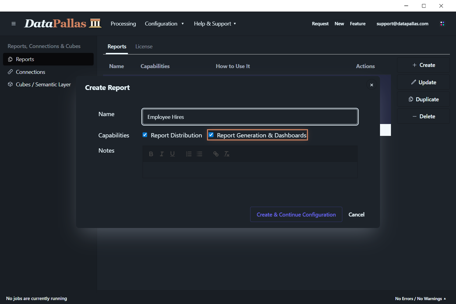 Create a new report in DataPallas