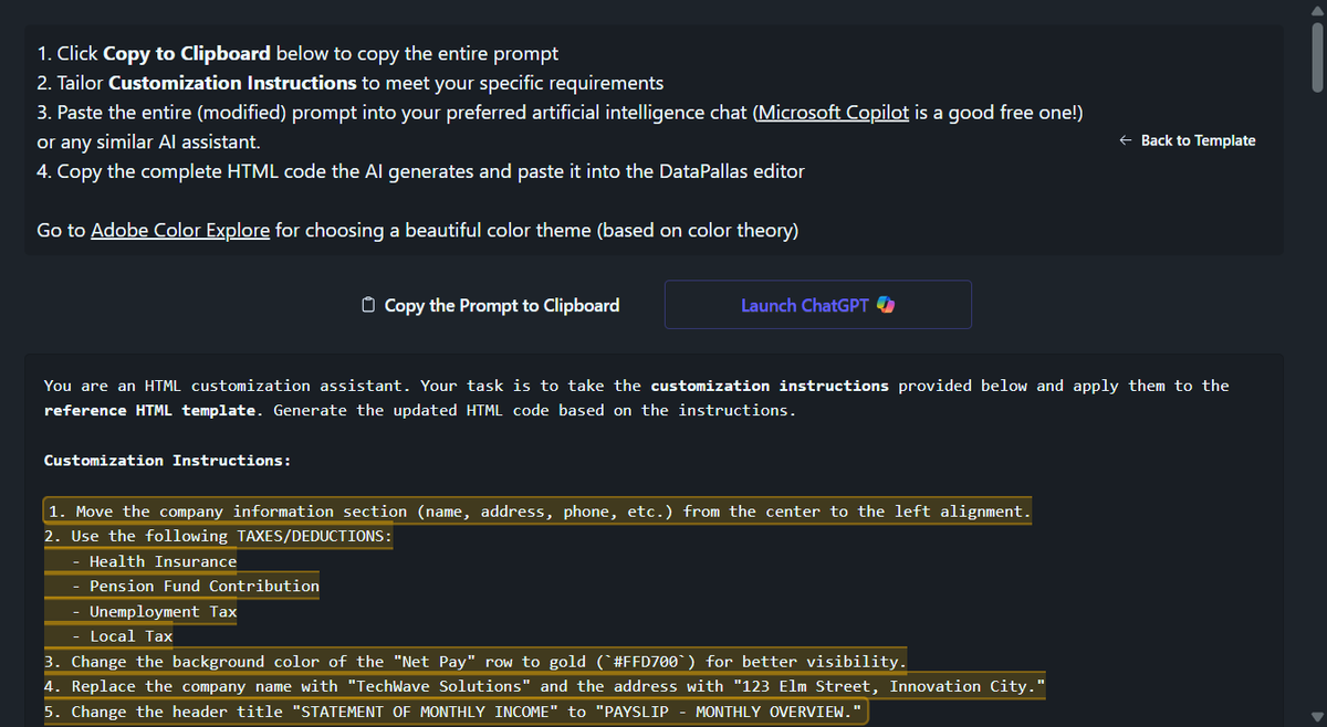 DataPallas AI Prompt to modify an Existing HTML Template - prompt1 (updated -dp)