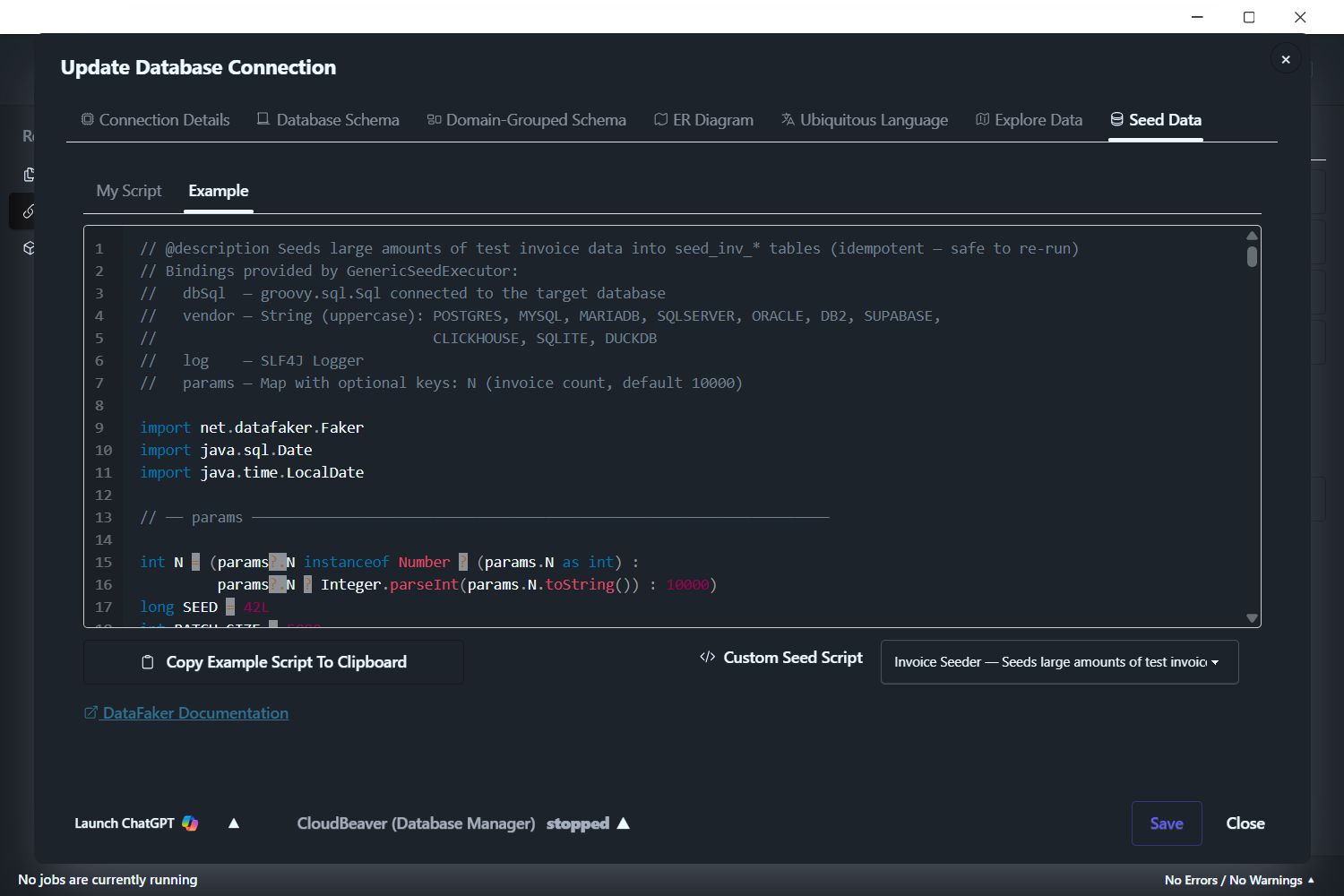 DataPallas — Connection Details modal, Seed Data tab, Example sub-tab with the Invoice Seeder Groovy script loaded; Template dropdown on the right shows 'Invoice Seeder', Copy button on the left