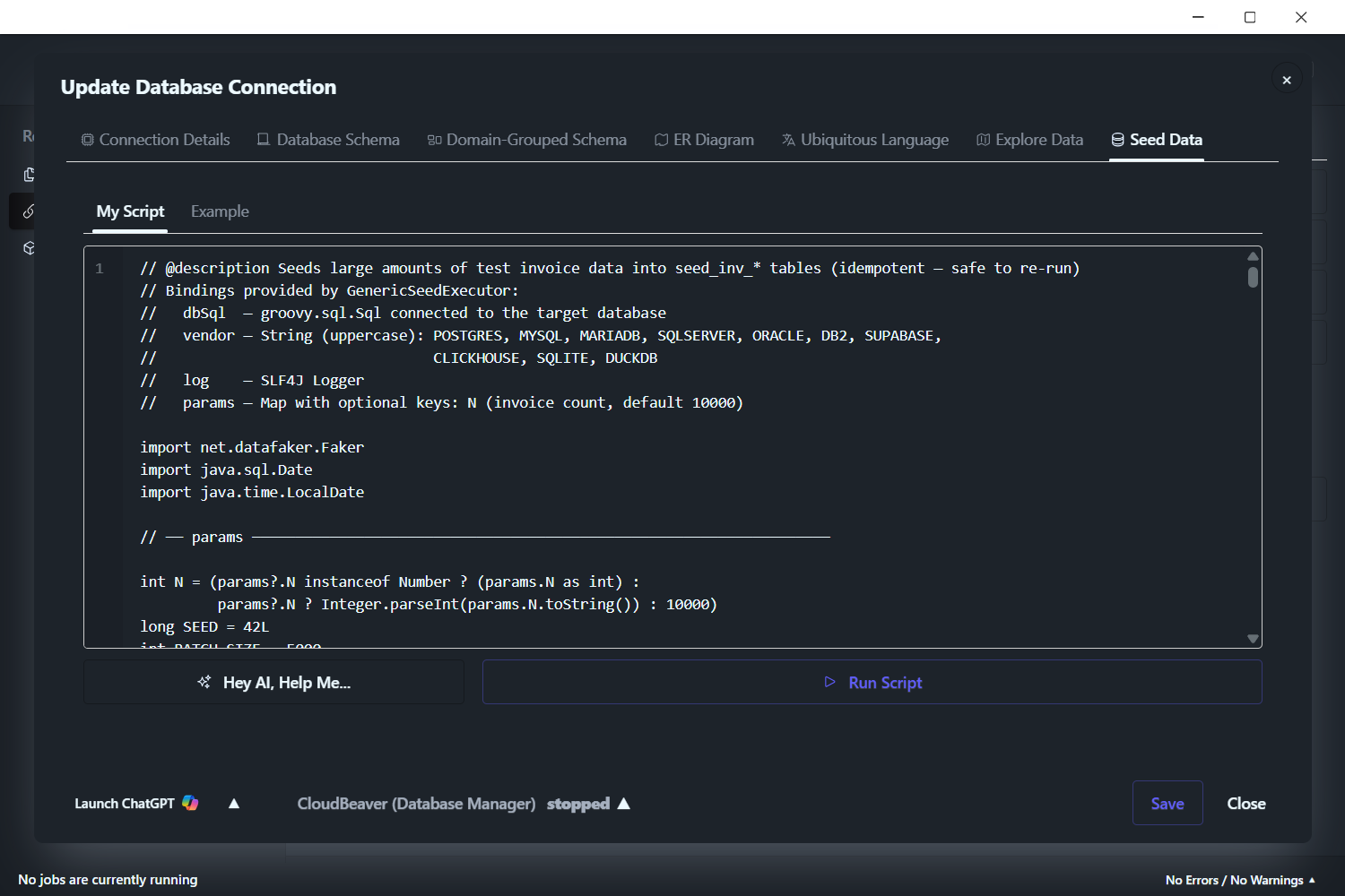 DataPallas — Connection Details modal, Seed Data tab, My Script sub-tab with the Invoice Seeder script pasted and the Run Script button visible