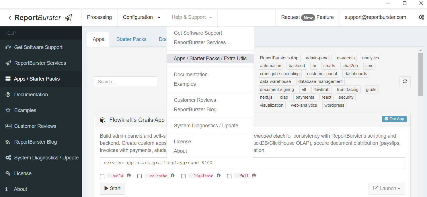 DataPallas UI — Apps / Starter Packs via Help & Support menu