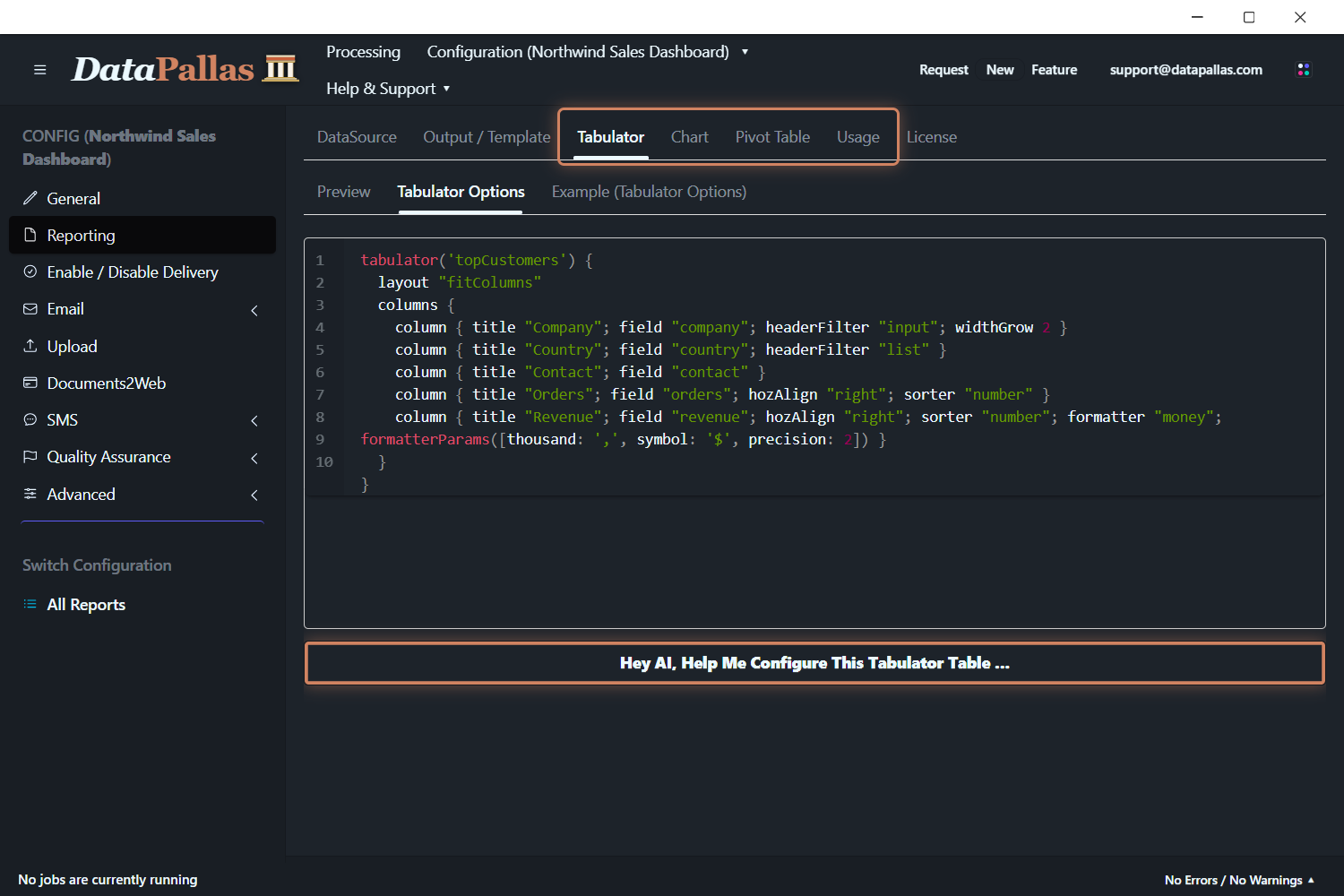 Web component configuration screen (current look) showing Tabulator DSL editor with the Hey AI button and the Tabulator, Chart, Pivot Table, and Usage tabs highlighted