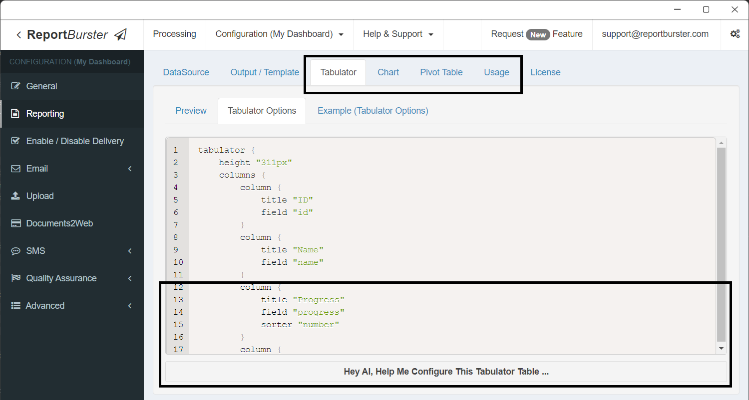 Web component configuration screen showing Tabulator DSL editor with DataSource, Chart, Pivot Table, and Usage tabs