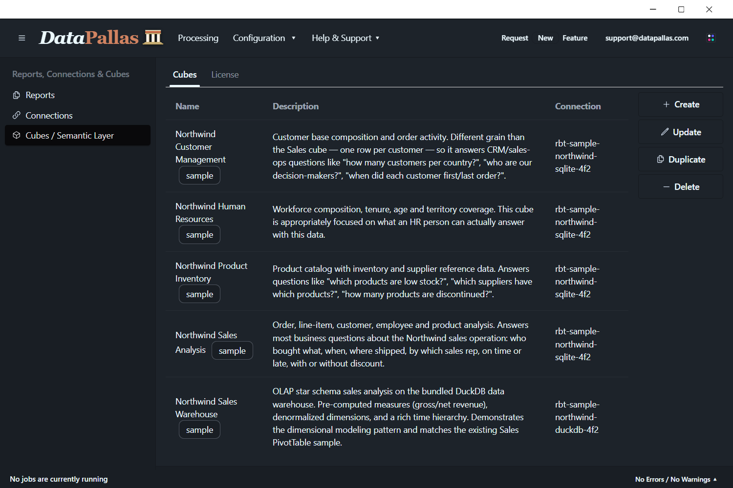 Cubes / Semantic Layer area in DataPallas with the bundled sample cubes — freshly captured from the current app UI