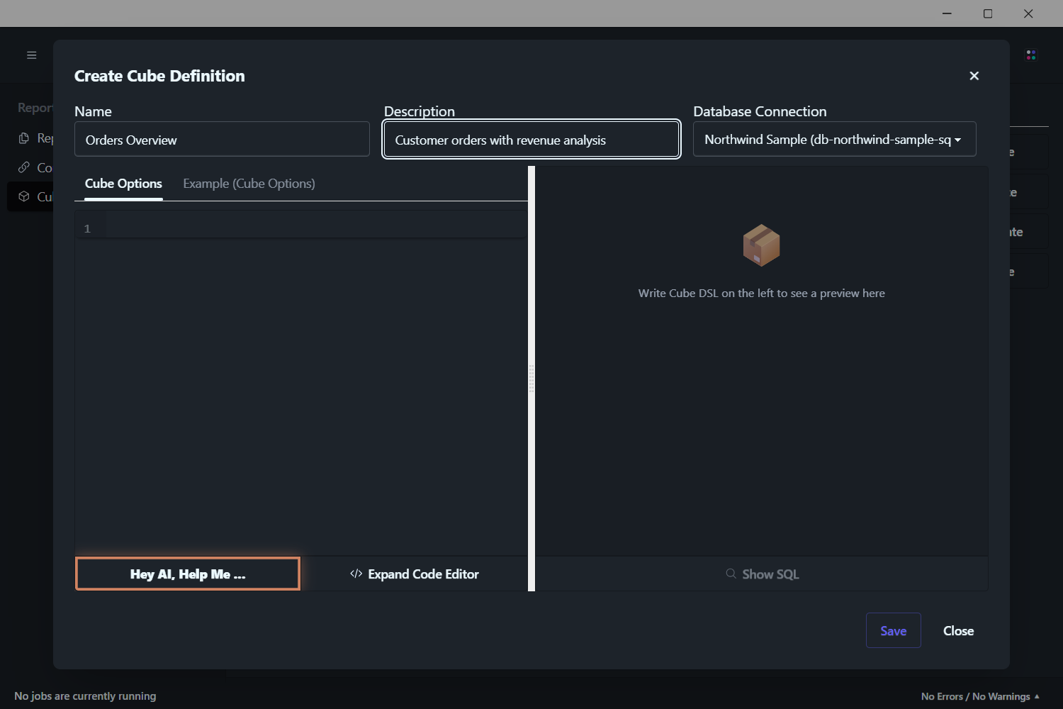 Create Cube Definition modal — current look and feel, with the Hey AI, Help Me… button highlighted