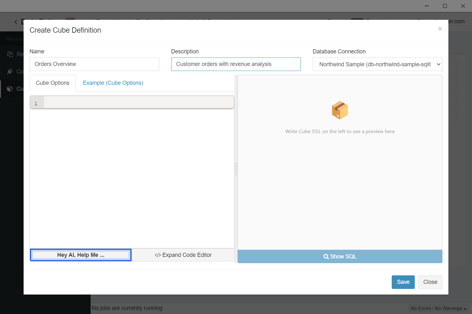 Create Cube Definition modal with name, description, and database connection filled in; cube editor and preview pane still empty