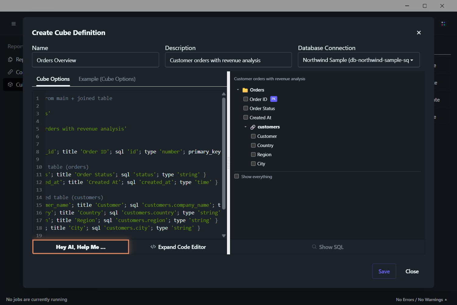 Cube modal with the cube definition on the left and the parsed preview tree on the right — freshly captured from the current app UI