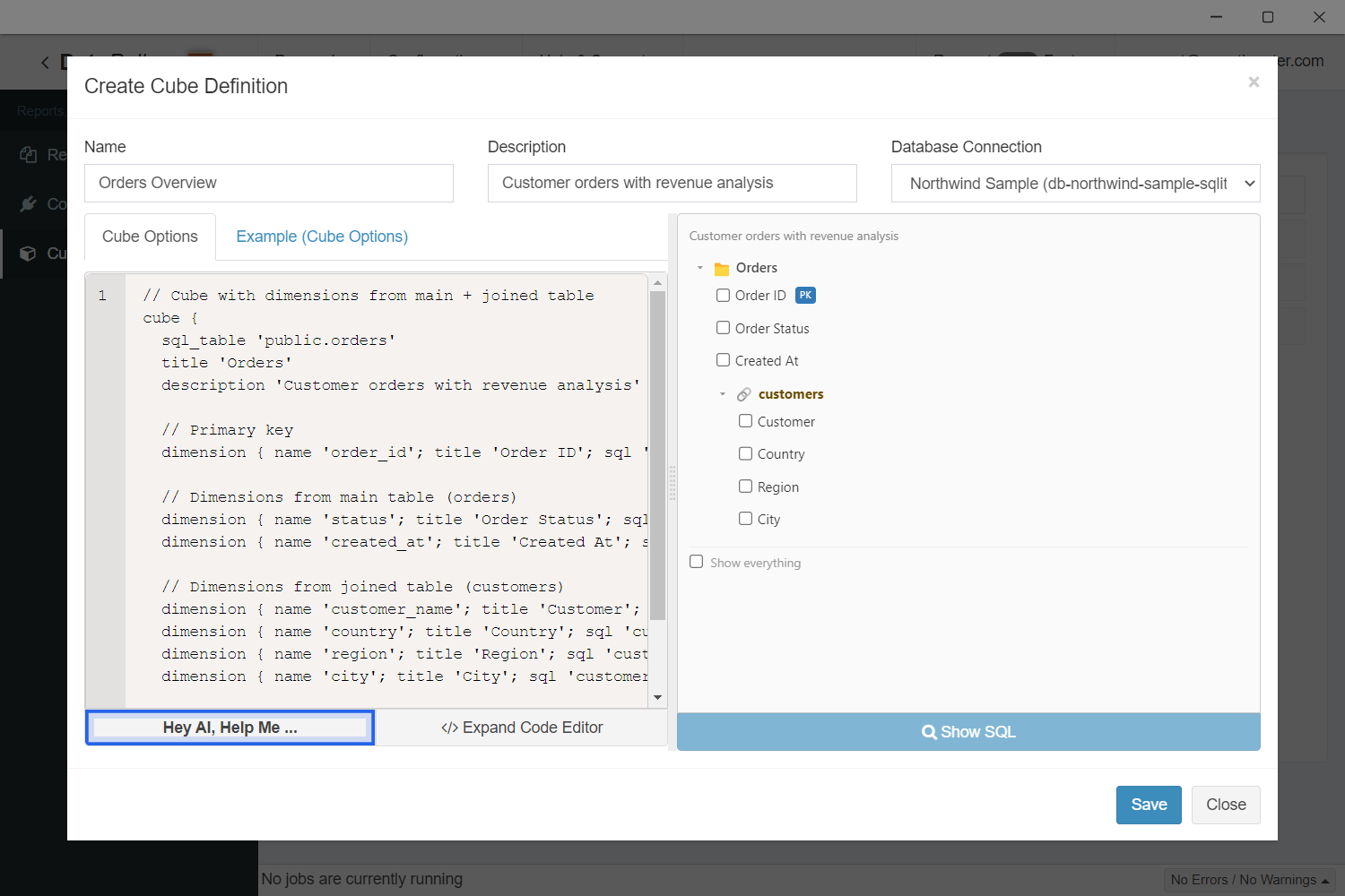 Cube modal with the cube definition on the left and the parsed preview tree on the right showing dimensions, joined tables, measures, and filters