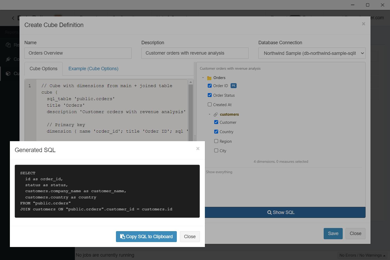 Cube modal with several dimensions ticked in the preview pane and the Generated SQL popup showing the SELECT statement produced by the cube