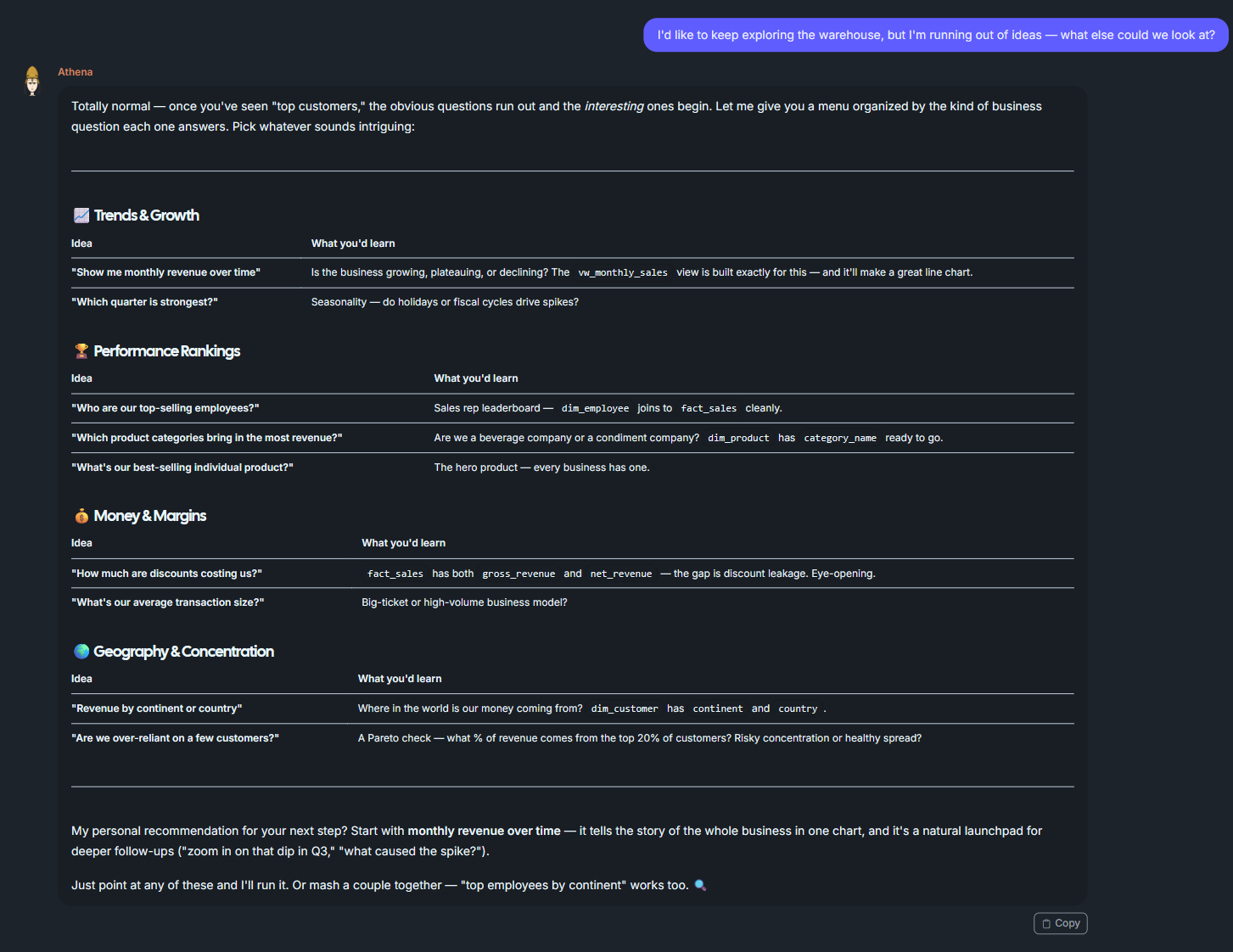 Chat2DB — when the user runs out of ideas, Athena suggests directions to explore