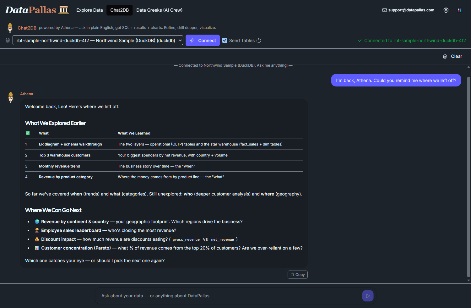 Chat2DB — on returning to an empty chat, Athena recalls what was explored