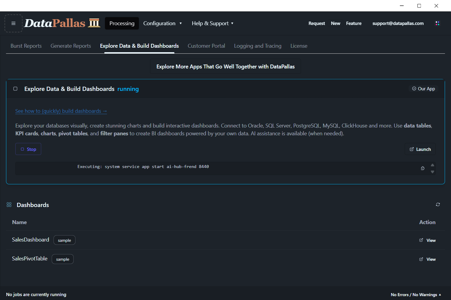 DataPallas AI Hub running — Agents tab