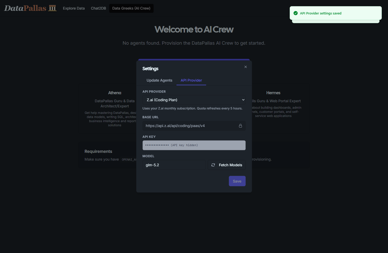 DataPallas AI Hub — configure your AI vendor API key
