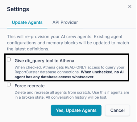 Update Agents — Give db_query tool to Athena (OFF by default)