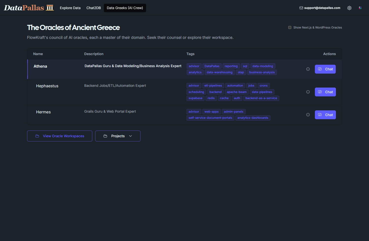 DataPallas AI Hub — Agents dashboard showing Athena, Hephaestus, and Hermes