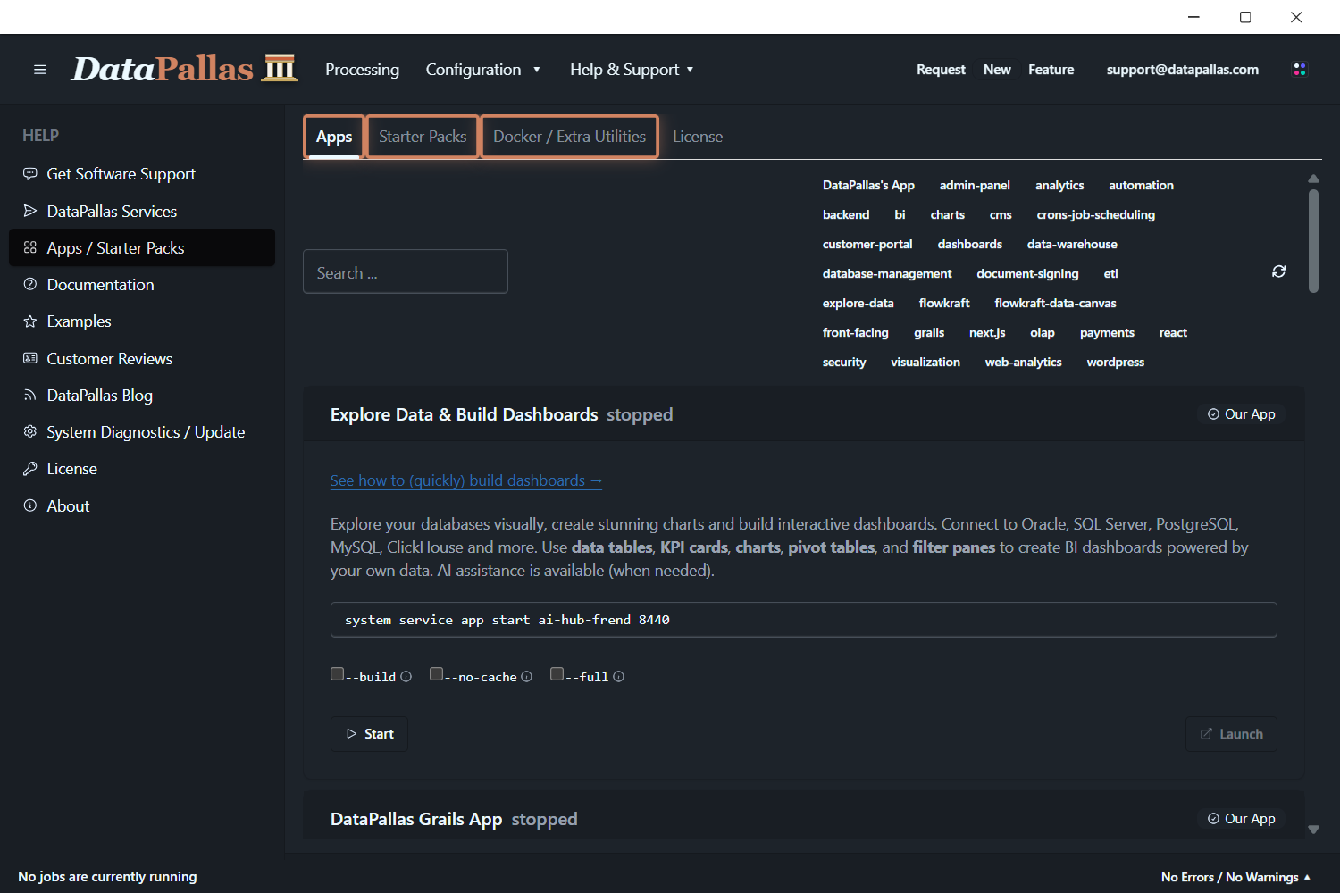 DataPallas UI — the Apps / Starter Packs screen (the app list) reached after clicking Explore More Apps