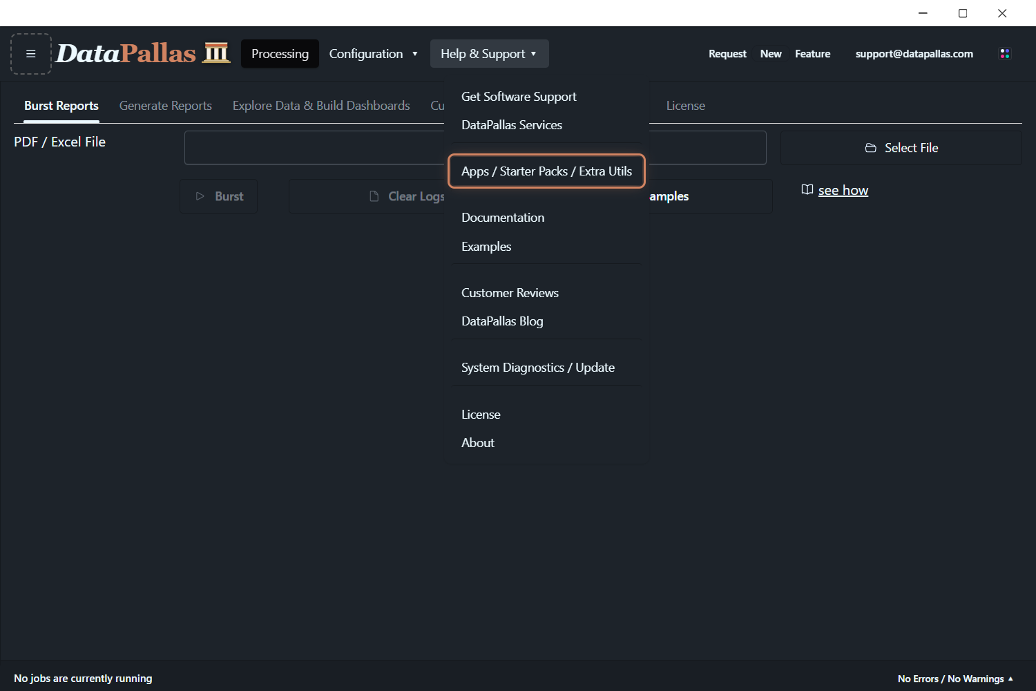 Help & Support menu with Apps / Starter Packs highlighted