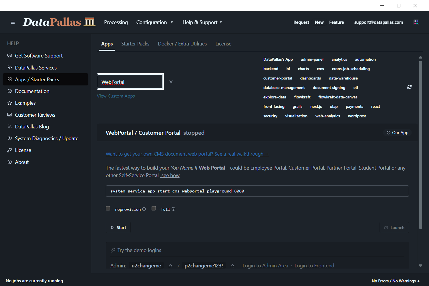 Apps tab — searching for WebPortal shows the Customer Portal card