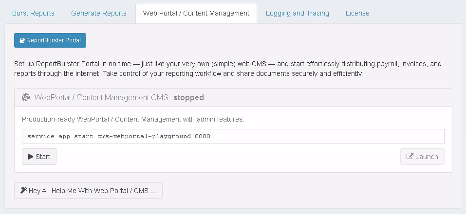 DataPallas Portal tab with Start/Stop/Launch UI