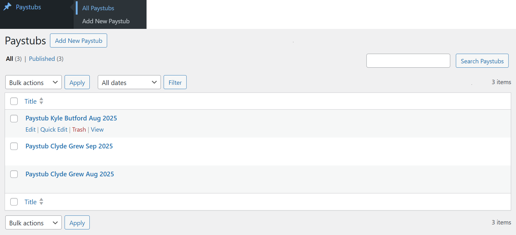 DataPallas Portal paystubs admin screen