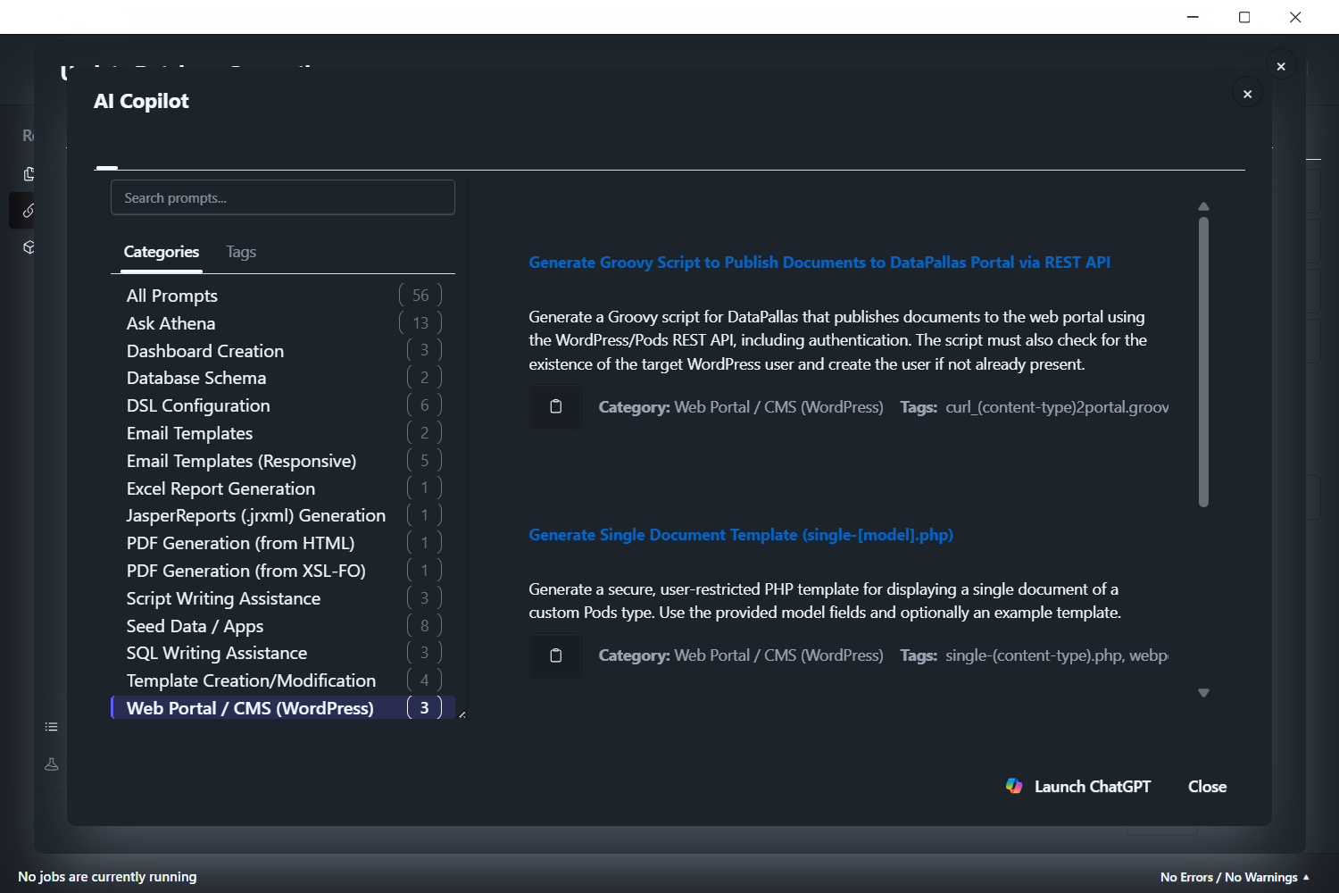 DataPallas AI Prompts library filtered to the Web Portal / CMS (WordPress) category, showing the three portal prompts