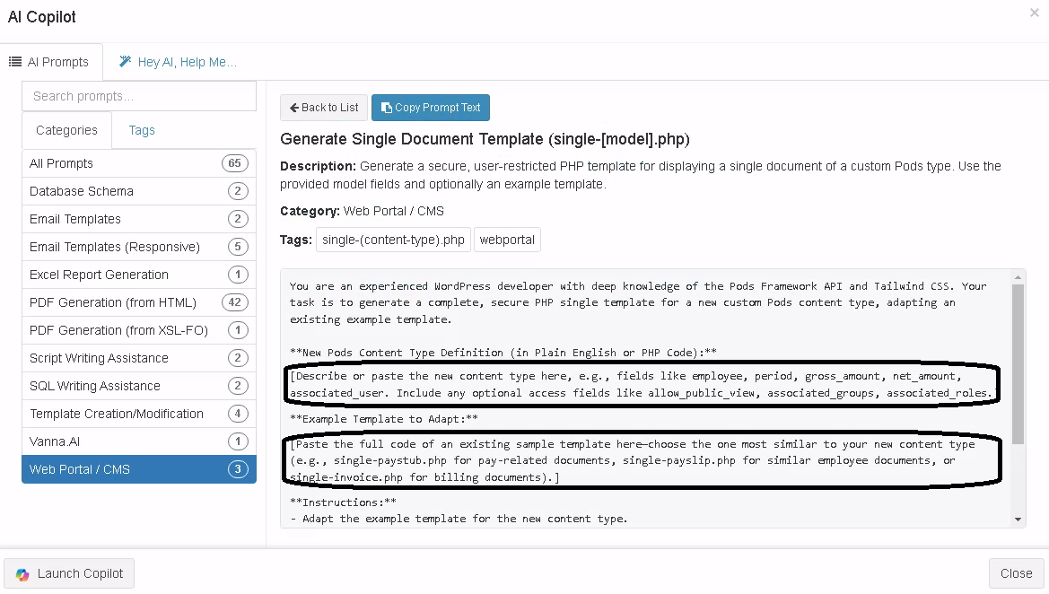 DataPallas Portal AI Prompt to generate the single template for custom type