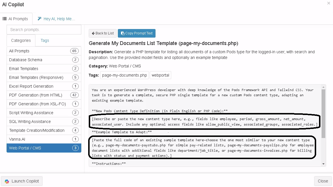 DataPallas Portal AI Prompt to generate the list template for custom type