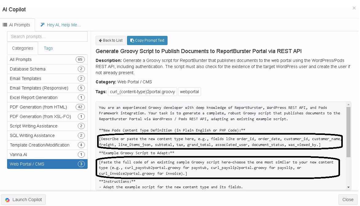 DataPallas Portal AI Prompt to generate the script to publish documents on the portal